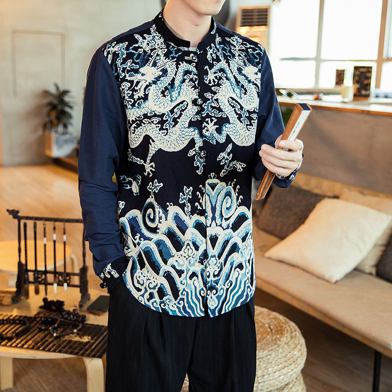 Vintage button print men's long sleeve shirt