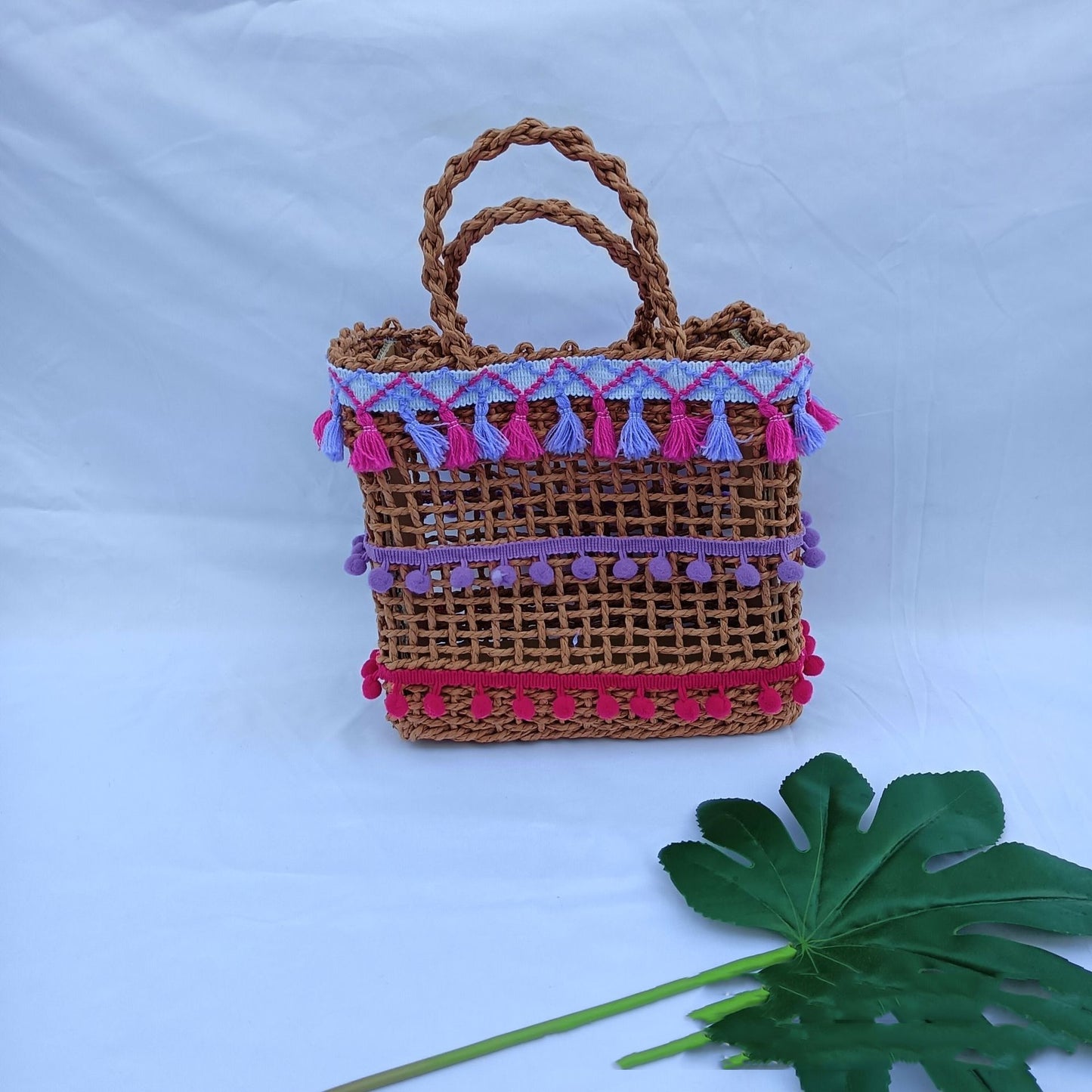Hollow Out Straw Bag Ethnic Style Grid Woven Bag