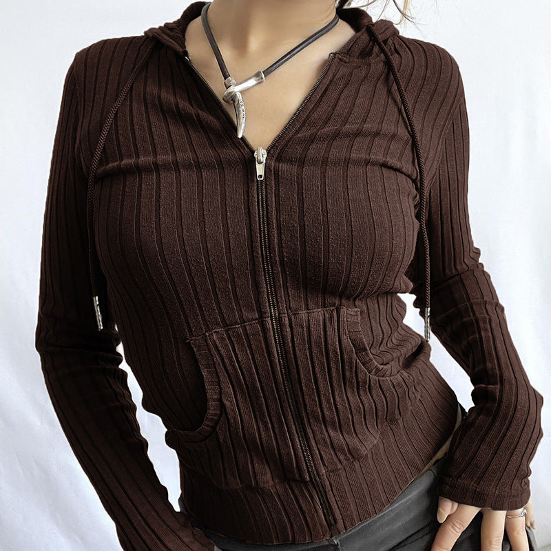 Slim Fit Sunken Stripe Knitted Hooded Zipper Pocket Coat Women