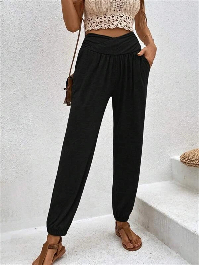 Casual Loose Pocket High Waist Ankle-tied Trousers For Women