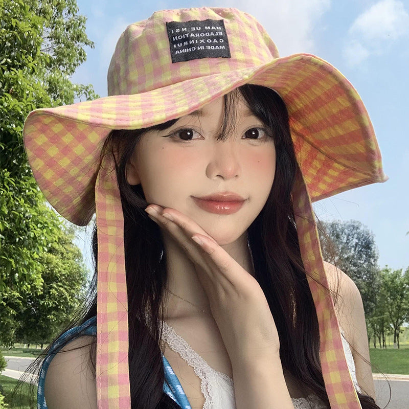 Tie-neck Plaid Bucket Hat Women's Summer Japanese Retro