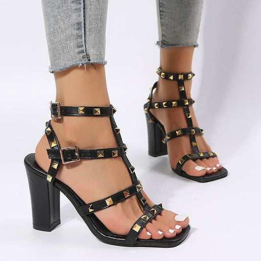 Women's Square Head Metal Rivet High Heel Sandals