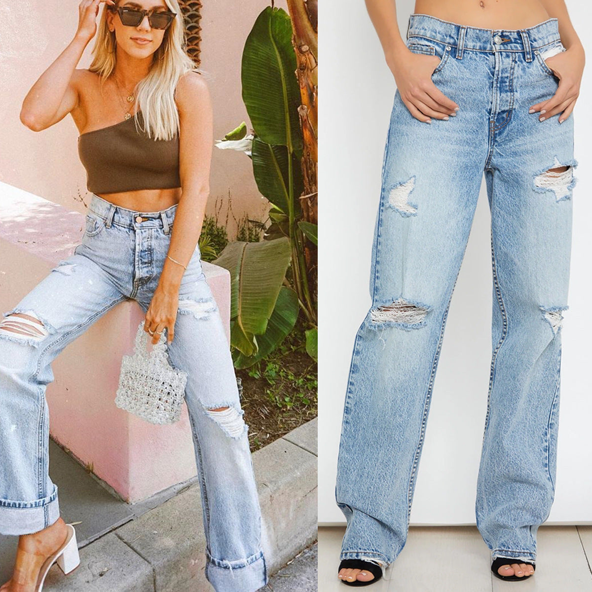High waist ripped denim trousers