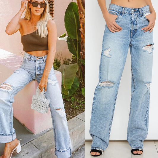 High waist ripped denim trousers