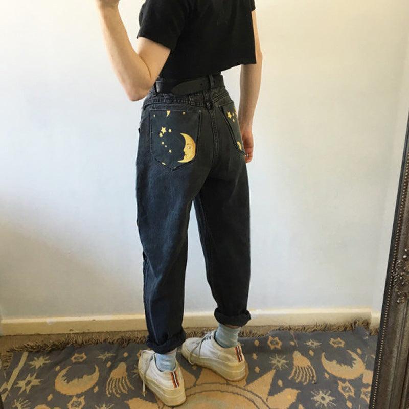 Digital printed straight-leg pants hipster trousers jeans