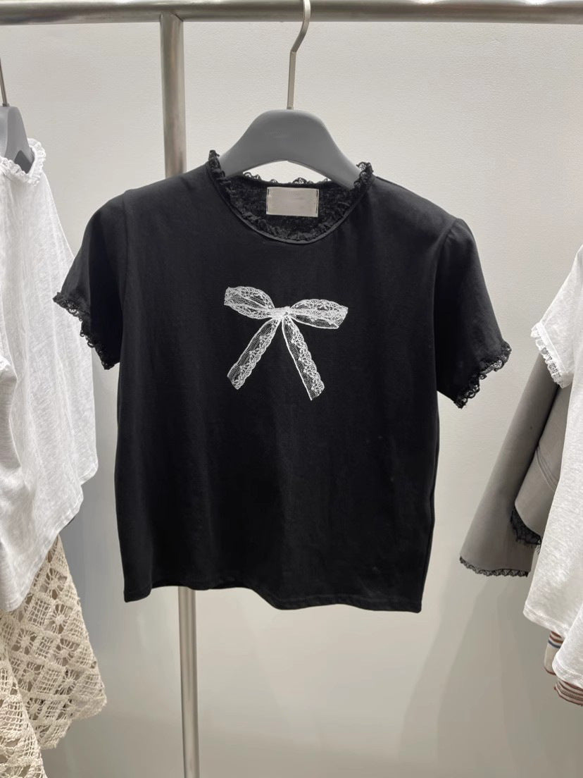 Lace Stitching Bow Printed Round Neck Short Sleeve