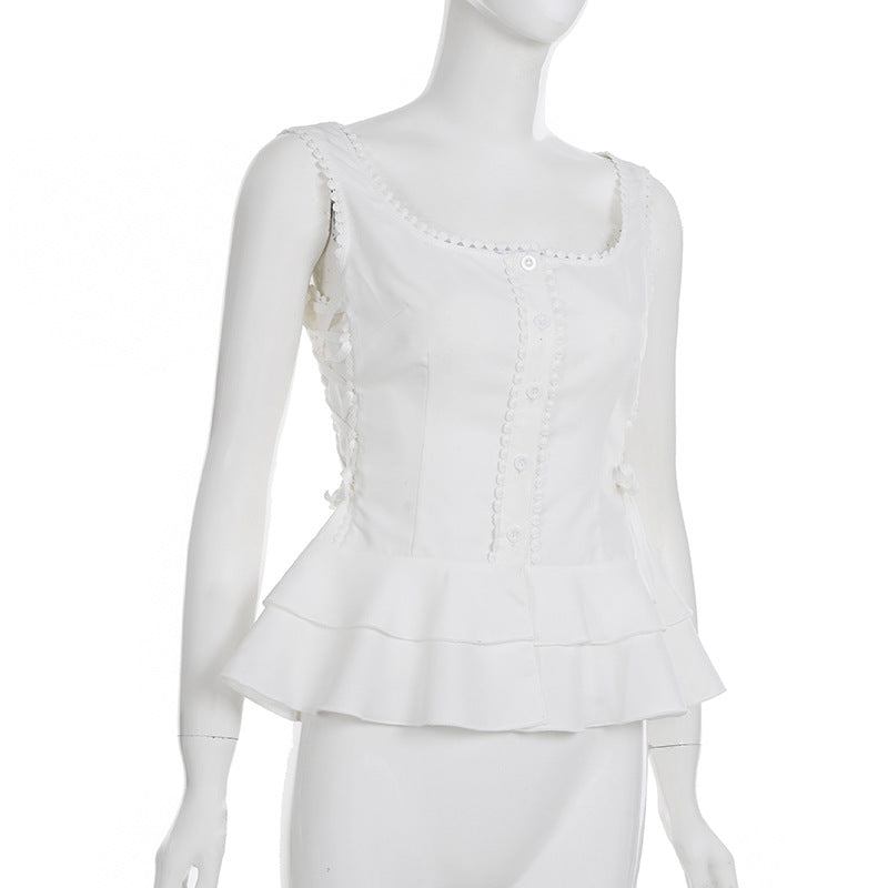 U Collar Lace Button Cardigan Vest For Women