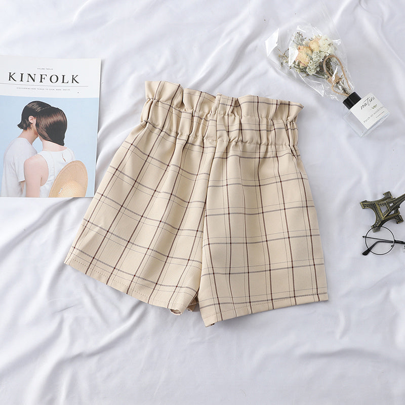 Wild flower bud high waist strap plaid shorts