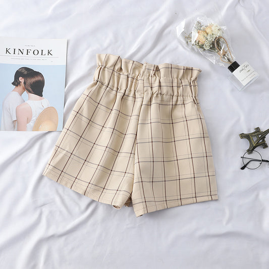 Wild flower bud high waist strap plaid shorts