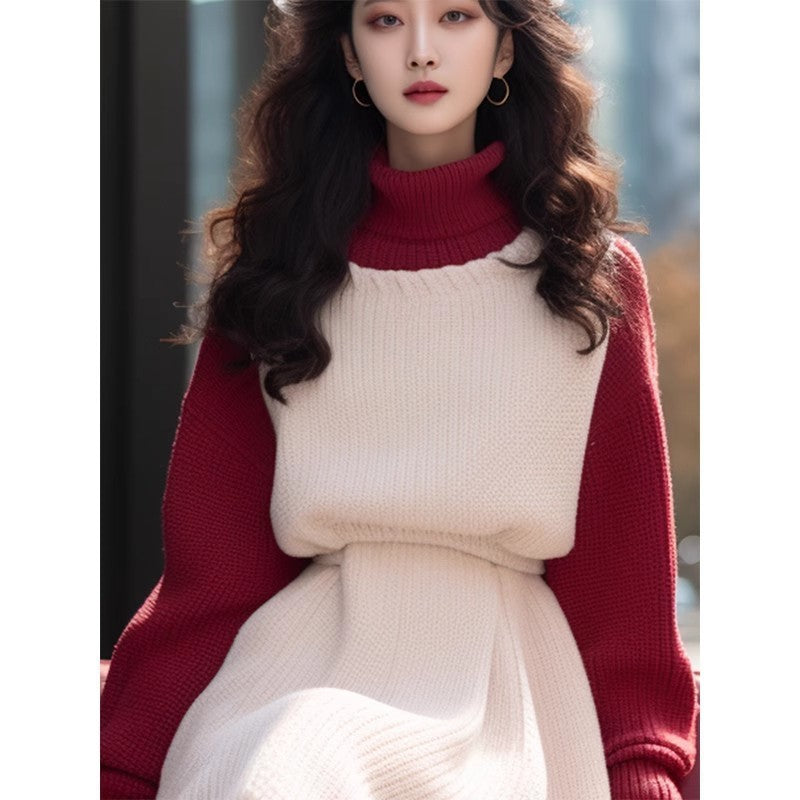 Temperament New Year Red Patchwork Dress Women Autumn Winter