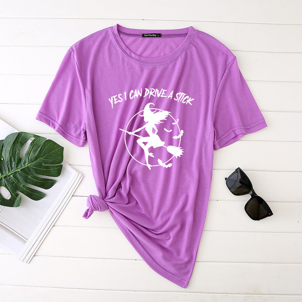 Flying Witch Print Crew Neck Short Sleeve T-Shirt