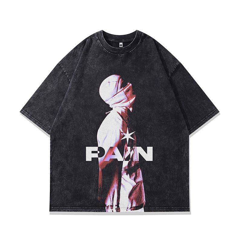 Printed Heavy Half Sleeve T-shirt Men's And Women's Distressed Washed Short Sleeve Street Top