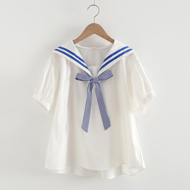 Elegant Cotton Pullover Sailor Collar Loose Women's Shirt