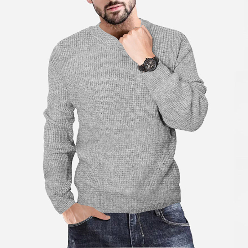 New Men's Knitting Round Neck Pullover Waffle Solid Casual