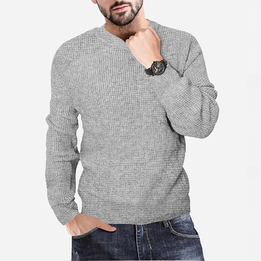 New Men's Knitting Round Neck Pullover Waffle Solid Casual
