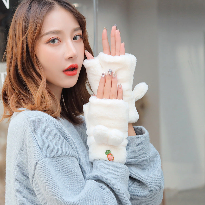 Gloves autumn and winter female cute Japanese fingerless half finger plush