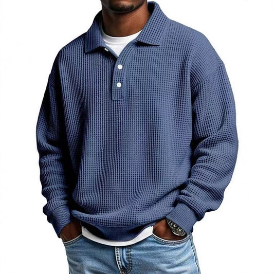 Men's Waffle-Knit Polo Shirt, Retro Solid-Color Top