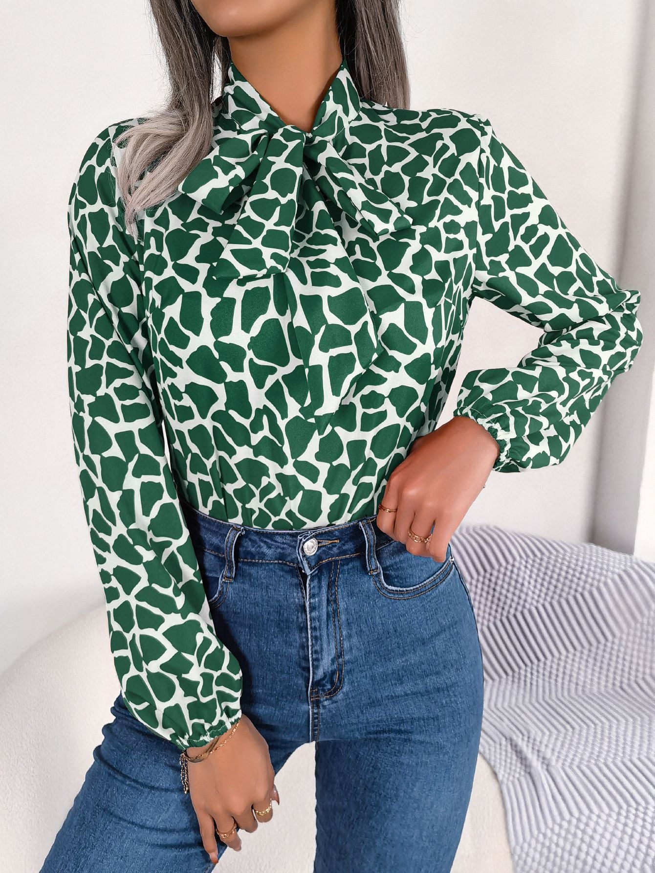Women's Elegant Color Block Tie Waist Lantern Sleeve Chiffon Top