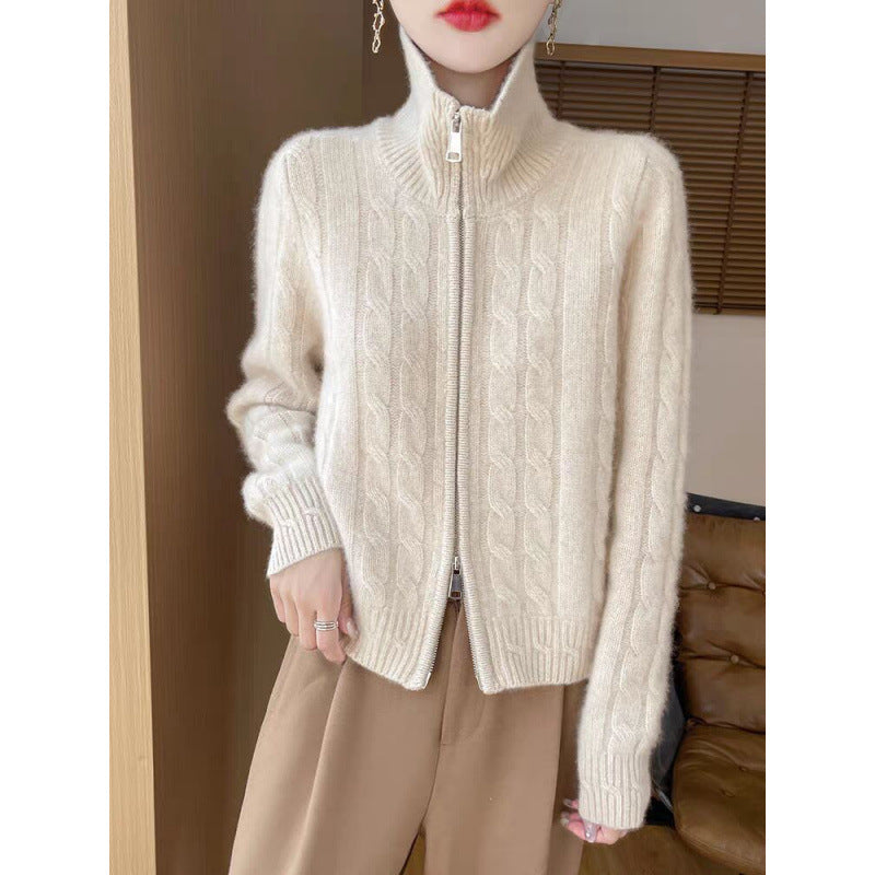 Womens Twist-Open Cardigan With Double Zippers And Lapel Collar