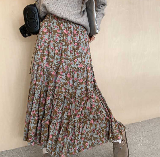 Autumn And Winter Floral High Waist Blue Pleated Skirt