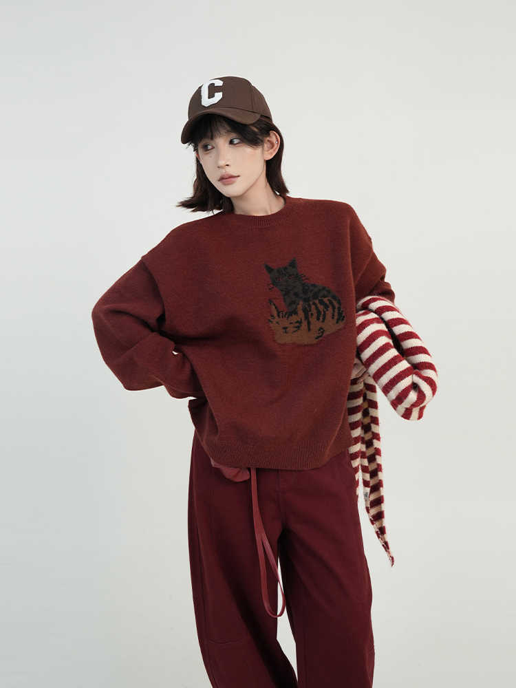 Cartoon Printed Round Neck Loose Long Sleeves Knitted Sweater