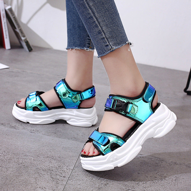 New summer sponge cake and bright leather sandals