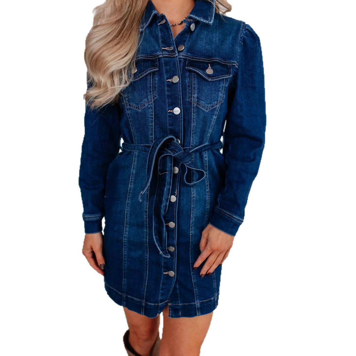 Casual Buttoned Lace Up Slimming Long Sleeve Denim Dress For Women