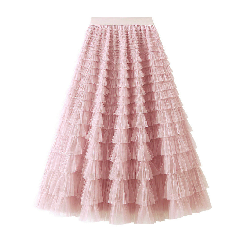 Line Mesh Ruffle Skirt Women's Temperament Sweet Long Skirt Slim Cupcake Dress Womens Clothing
