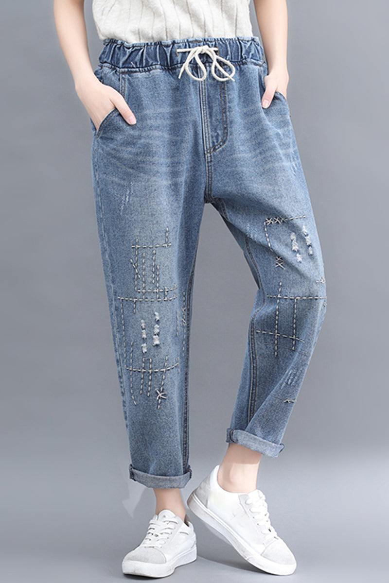 Wear Embroidered Casual Lace-up High-rise Cropped Jeans