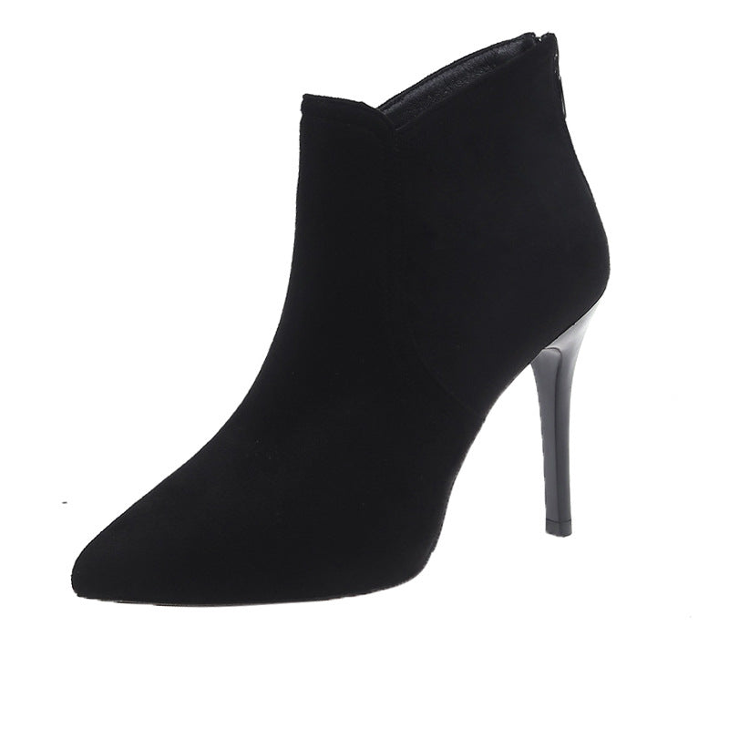 Short boots women's high heel slim heel pointed back zipper Plush boots