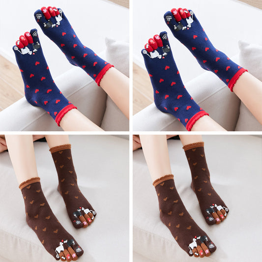 Autumn and Winter Cotton Five-finger Socks Women's Tube