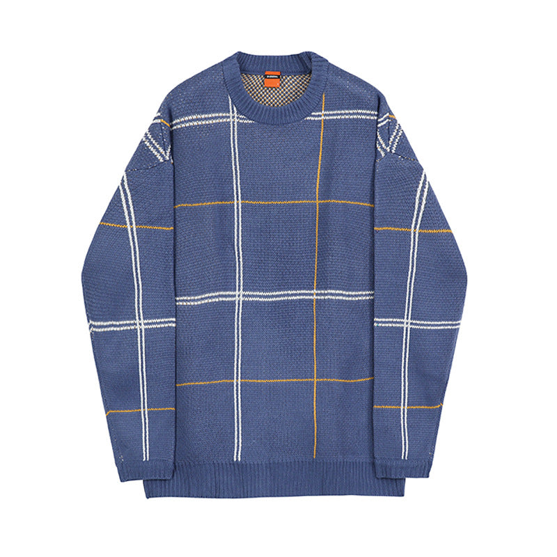 Men's Loose Blue Thickened Round Neck Knitted Bottoming Shirt
