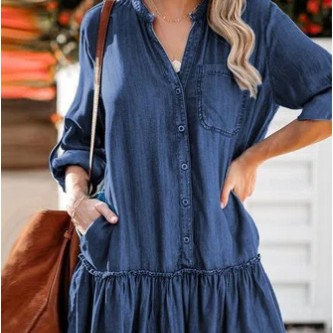 V-hals panel løs denimnederdel med knapper