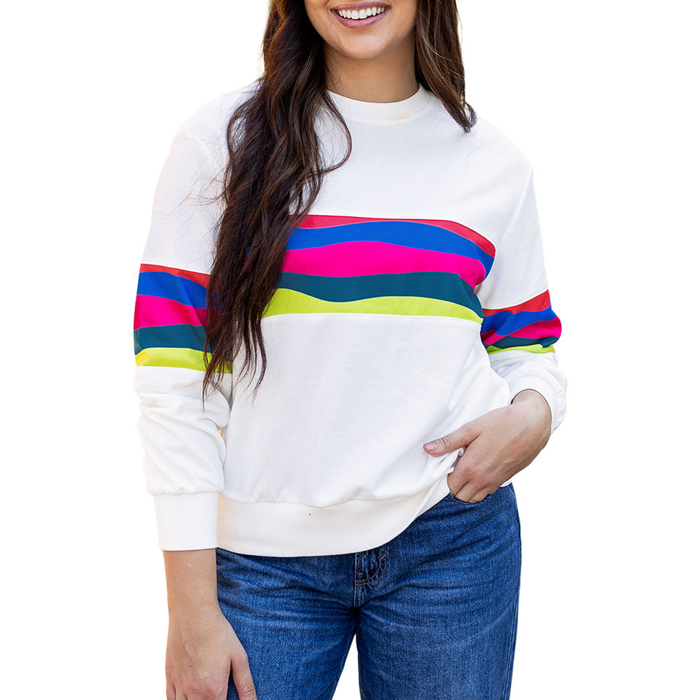 Casual Loose All-match Drop-shoulder Color Striped Round Neck T-shirt