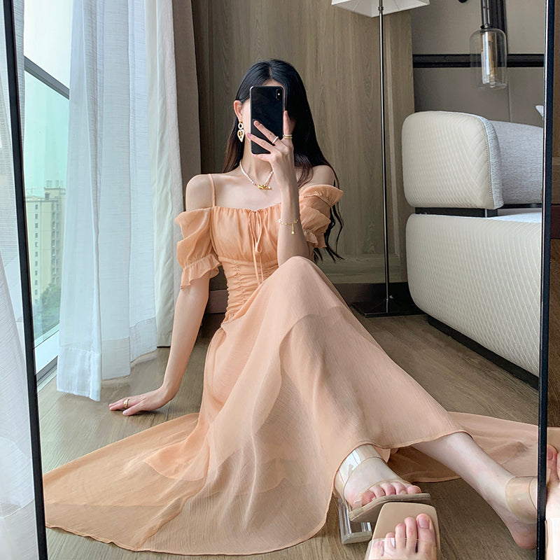 French Tea Break Waist Wrapped Soft Texture Long Dress