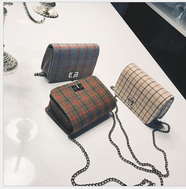 Small bag new women's bag tide section wild woolen lattice lock small square bag shoulder slung chain