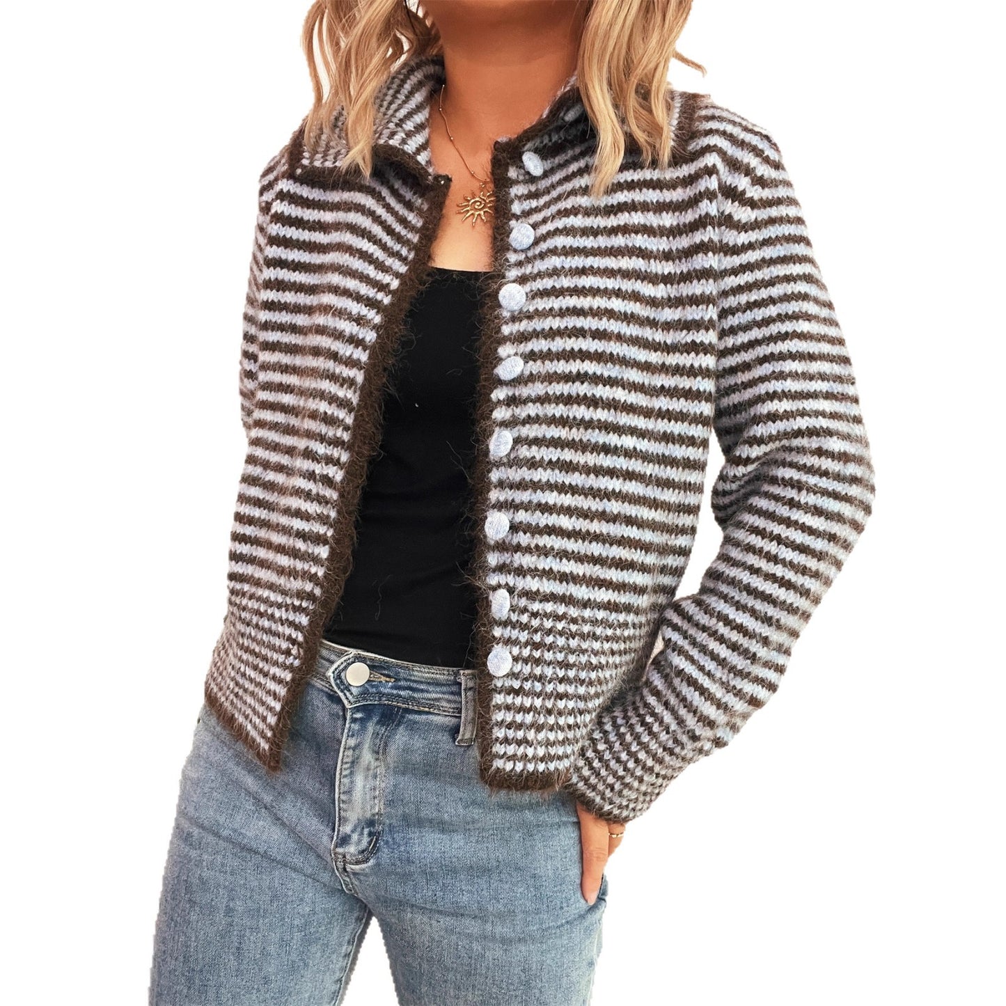 Commute Slim-fit Knitted Coat Polo Collar Stripes Contrast Color Single-breasted Sweater