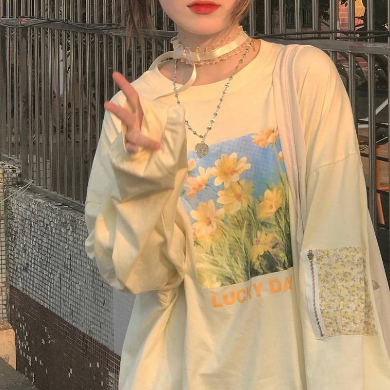 Autumn Japanese Oil Painting Style Sweet Flower Printed Long-sleeved Top
