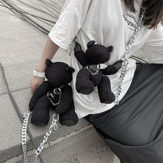 Cute Dark One-eyed Bear Mink Plush Chain Messenger Bag