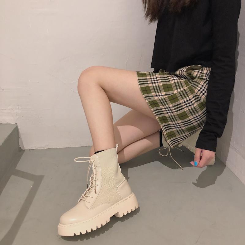 All-match Lace-up Platform Stitching Short Boots