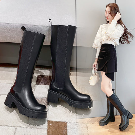 Women's Leather Thick-soled Chimney Thick Heel Boots