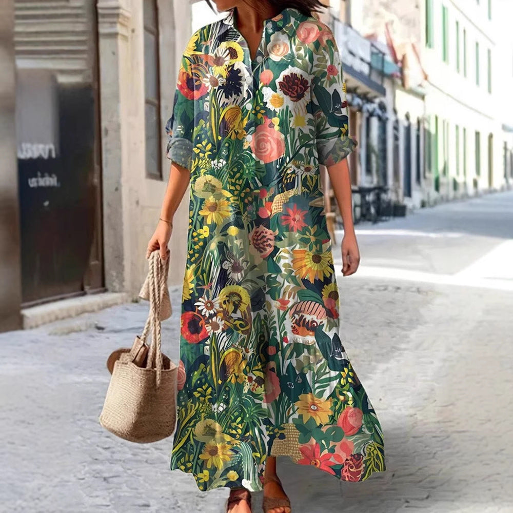 Womens Long-Sleeve Lapel-Neck Digital-Print Dress