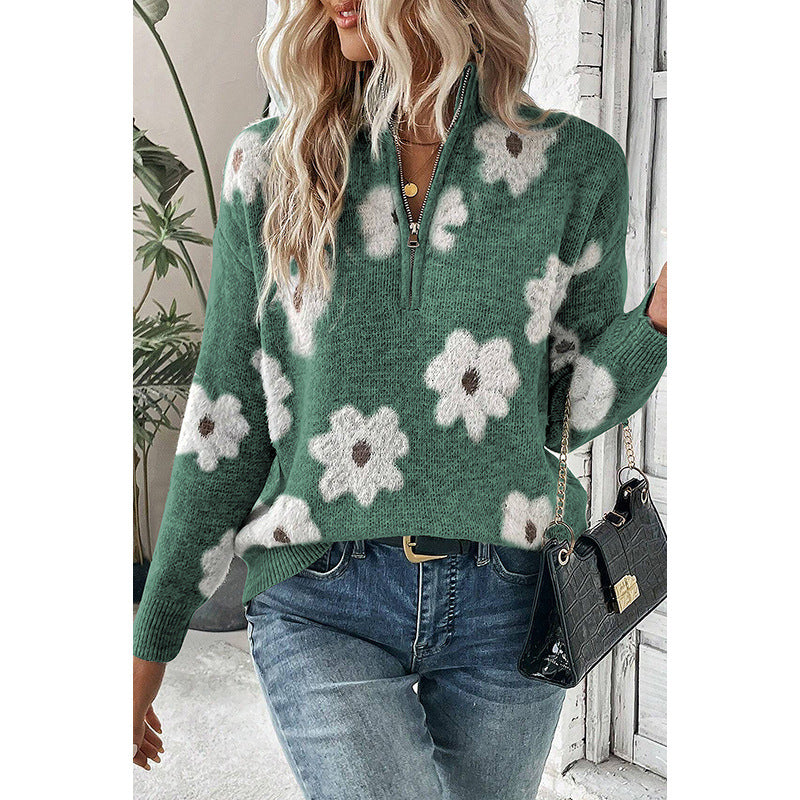 Women's Off-shoulder Sweater All-match Floral Printed Long-sleeved Top
