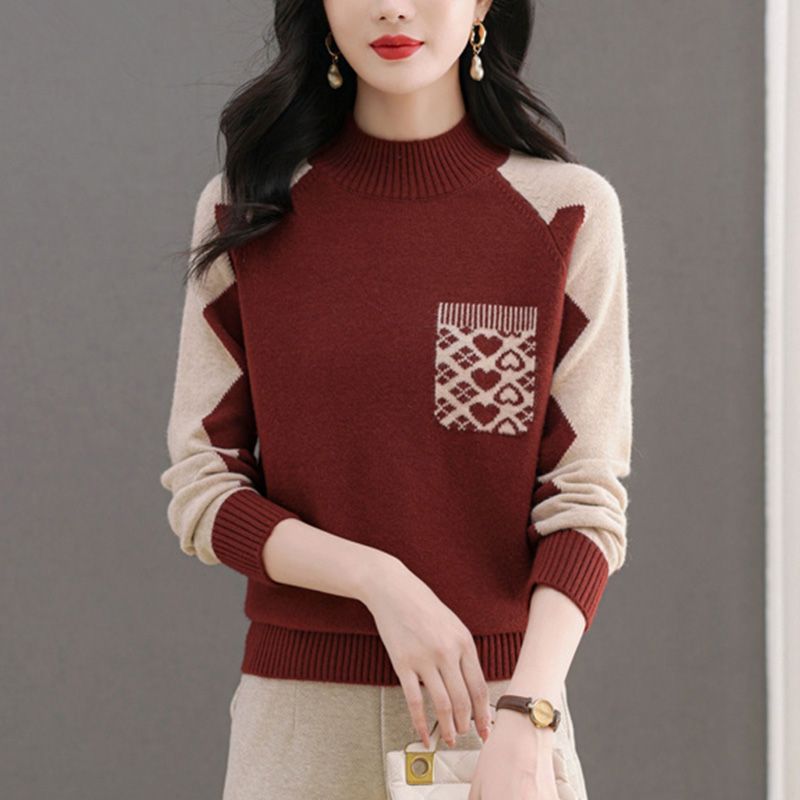 New FallWinter Half-High Round-Neck Colorblock Knit Sweater