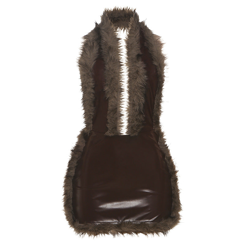 Leather Patchwork Sleeveless Halter Bodycon Dress