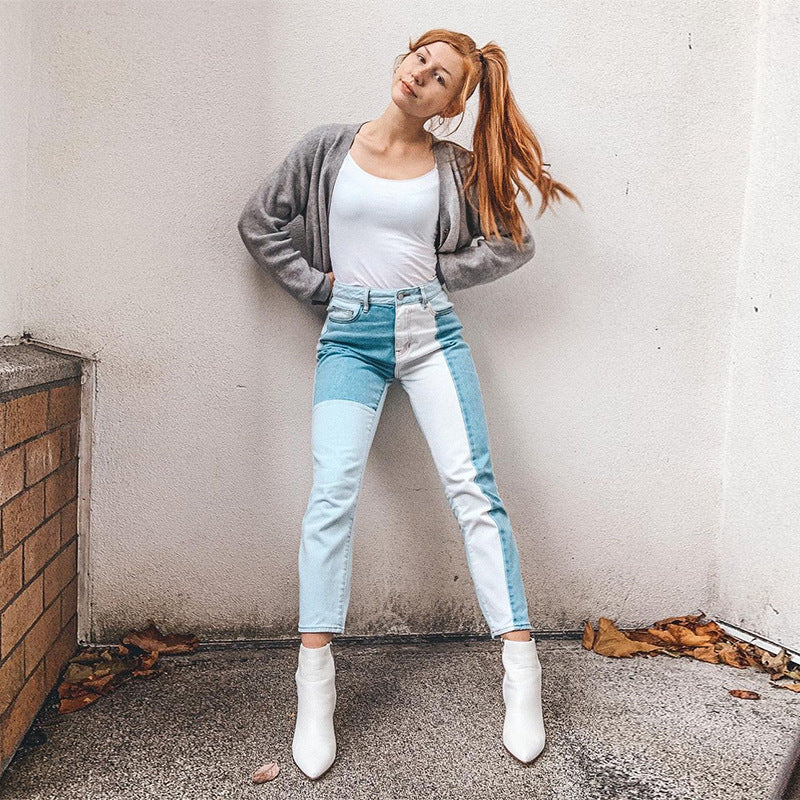 Street Photo Contrast Stitching Straight Jeans