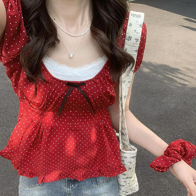 Women's Lace-up Top Sweet And Spicy Polka Dot Short Sleeve T-shirt