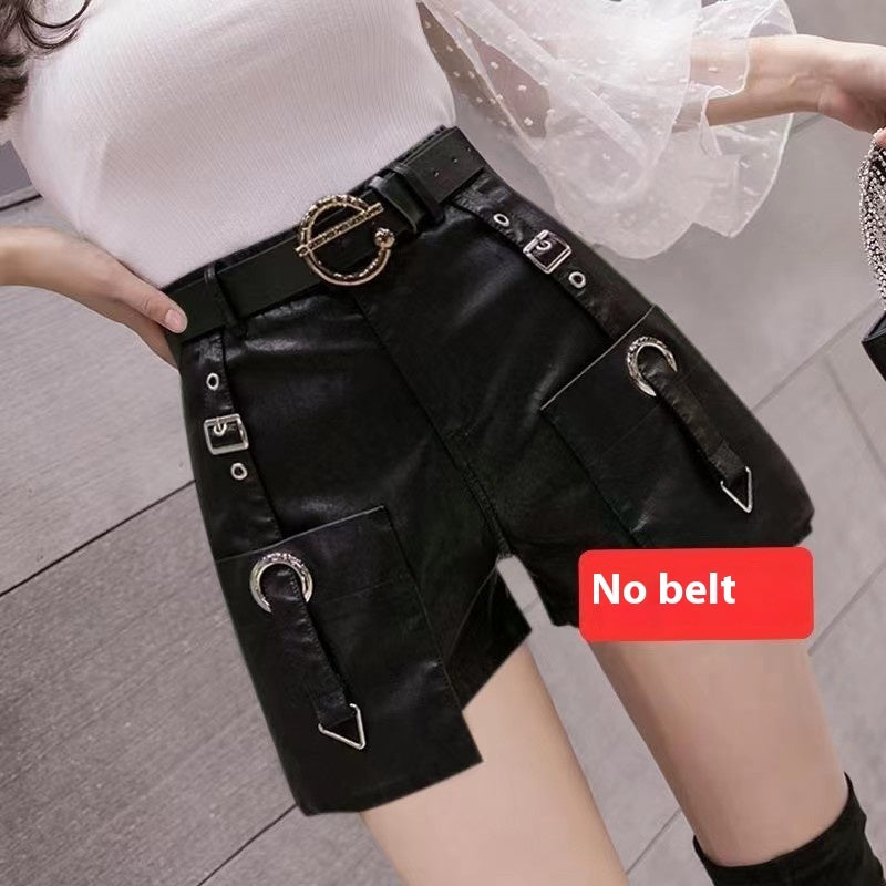 High Waist Slimming Fashion All-match Wide Leg Leather Shorts Boot Pants