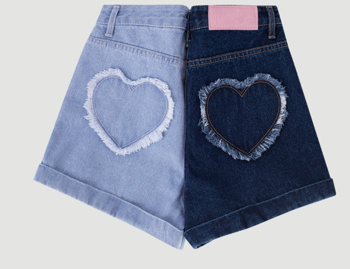 Heart shaped hip pocket embellishment denim shorts
