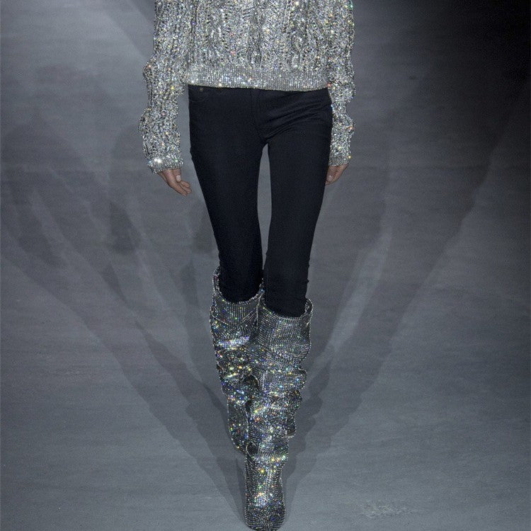 Rhinestone High-heeled Pointy Nightclub Show Knee-length Boots